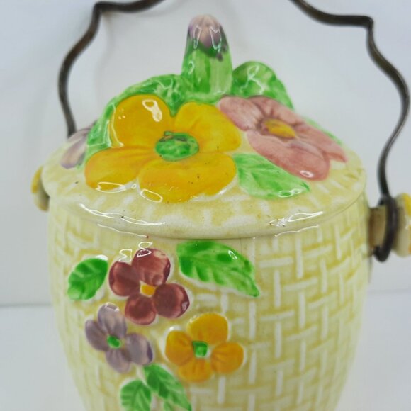 Vintage Wade Heath Biscuit Barrel Yellow Pink Floral Basketweave England Pottery - Picture 5 of 10
